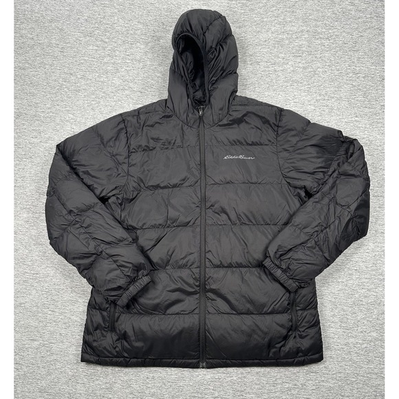 Eddie Bauer EB650 Jacket Mens Large Black Wide Channel Down Full Zip Hooded Puff - Picture 1 of 8